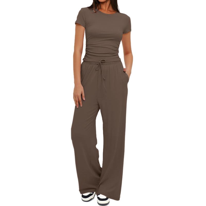 Solid Color Casual Long Sleeve Set Top High Waisted Wide Leg Pants Sportswear