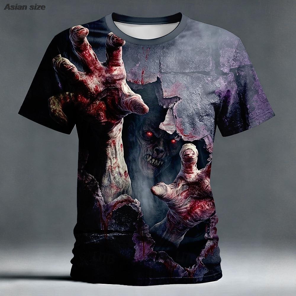 Halloween Men's Skull Optical Illusion 3D T Shirt Short Sleeve T shirt 3D Print Crew Neck Shirt Horror Club Party Streetwear