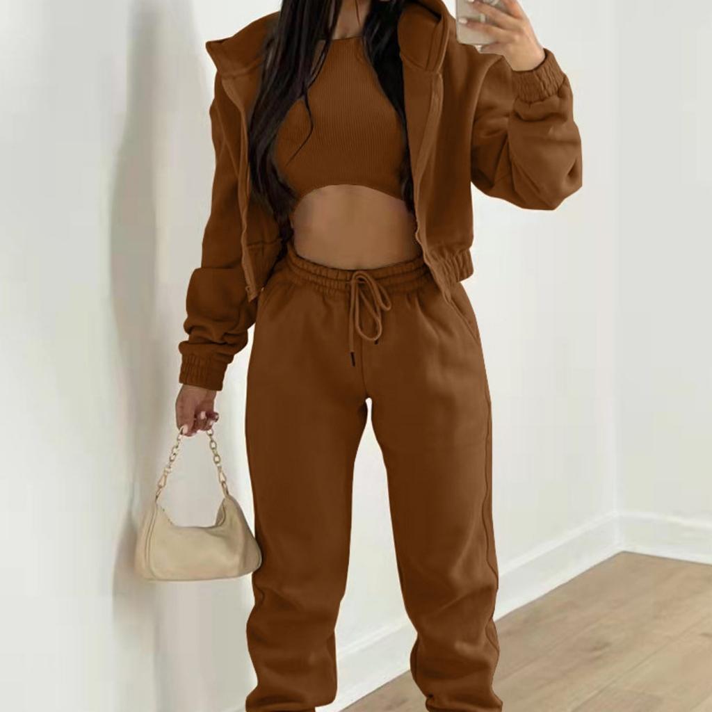 Spring and Autumn New Women's Clothing Solid Color, Simple Hooded Sweatshirt, Sports Casual Pants Three Piece Set
