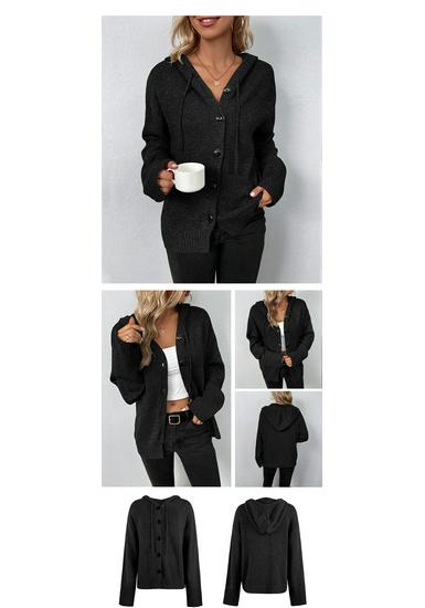 Women's Solid Color Hooded Knit Sweater Cardigan with Drawstring - New for 2025 Autumn/Winter