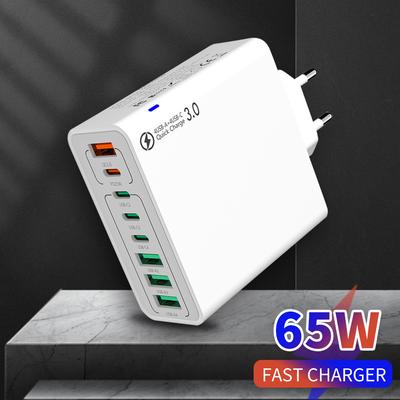 65W Type C Fast Charging USB Charger for Samsung Xiaomi iPhone Mobile Phone Adapter EU/US/KR Plug 8 In 1 QC3.0 Quick Charger