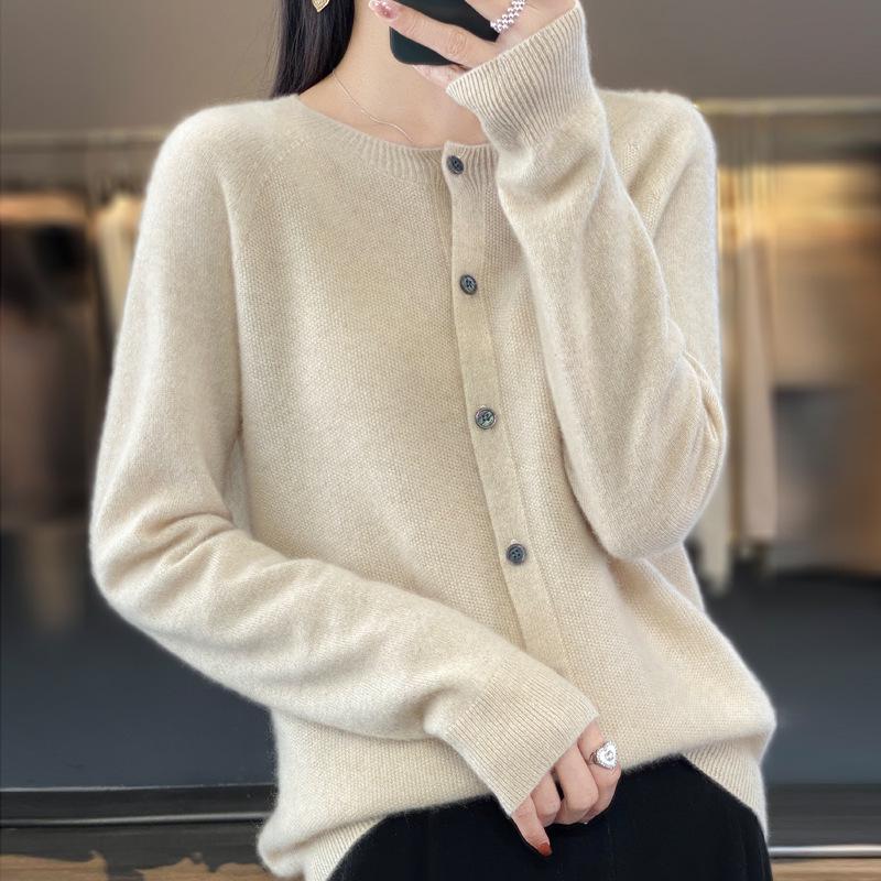Women's Loose Cashmere Wool Cardigan – Autumn/Winter Osmanthus Stitch Knit Top