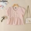VONDA Summer Women Short Sleeve Bow Knot Lace Hem Casual Cute Tops Cropped Blouse