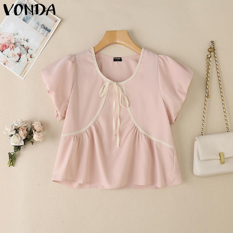 VONDA Summer Women Short Sleeve Bow Knot Lace Hem Casual Cute Tops Cropped Blouse