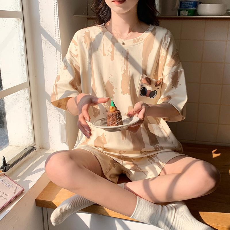 Summer Woman Pajama Cotton Cartoon Sleepwear Orange Cartoon Printing Pyjamas Set Young Lady Shorts Pullover Lingeries