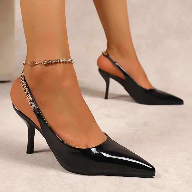 Fashion New Style Summer French Wine Red Pointed Patent Leather Mid-heel Overhead Sandals for Women Retro Skinny Heel Back Empty Shoes