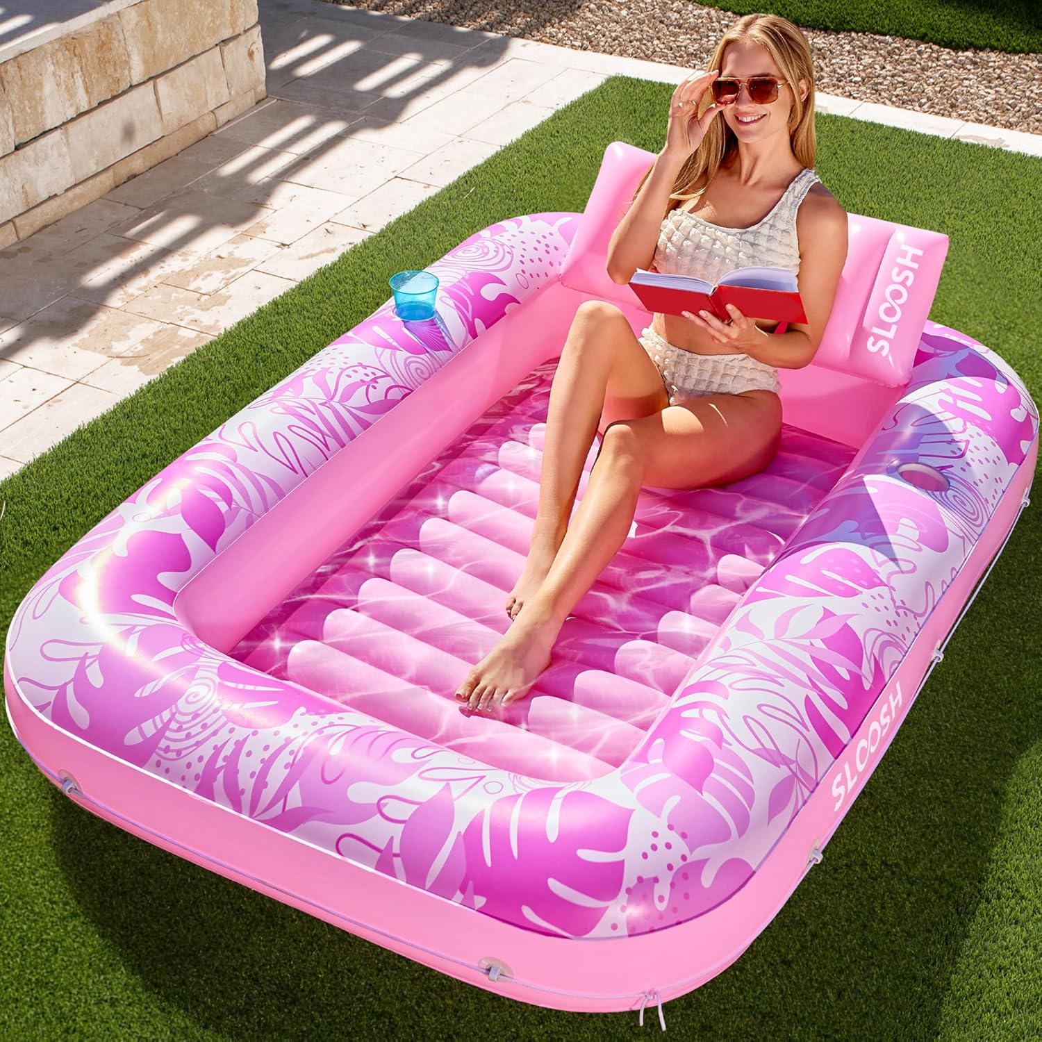 

JOYFY Inflatable Tanning Pool Lounger Float 70 x 46 Pool Floats Adult with Pillow Sunbathing Bed Lounge for Summer Water Party