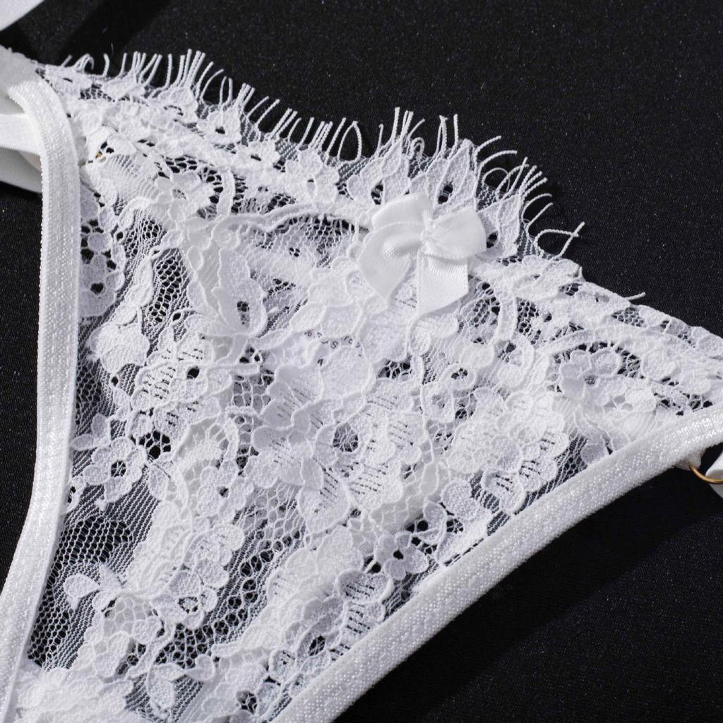 Sensual Lace Trim Thong Leg Garter Set - Ultra-Thin, See-Through, Chest-Minimizing Lingerie