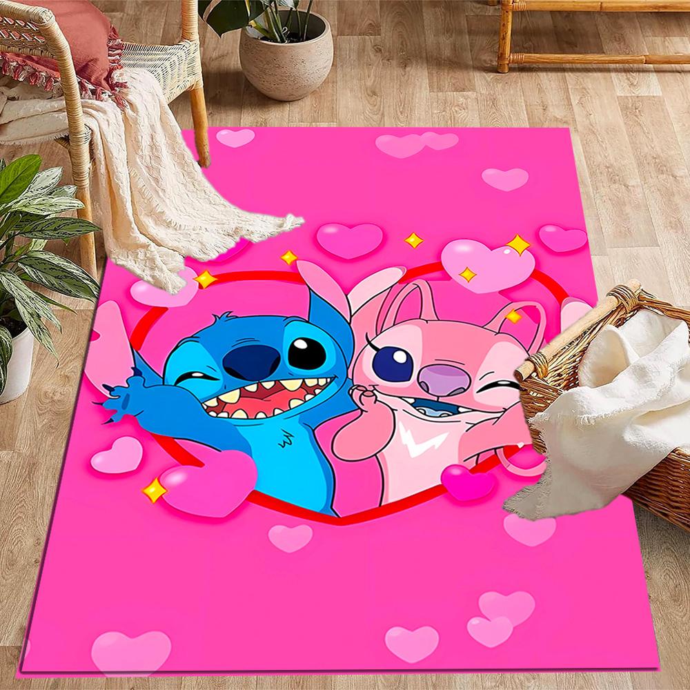 Stitch Adventure In Flowers Disney Cartoon Theme Anti-Slip Rug - Polyester, Home Decor, Suitable for Bedrooms, Living Rooms, Doorways, and Studios