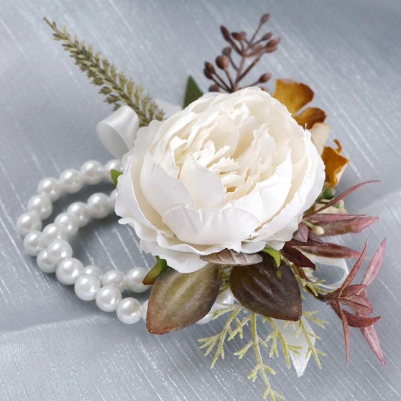 Romantics Champagne Wrist Corsage and Boutonniere Artificial Flower Set for Wedding Ceremonies Bridal Shower Flower