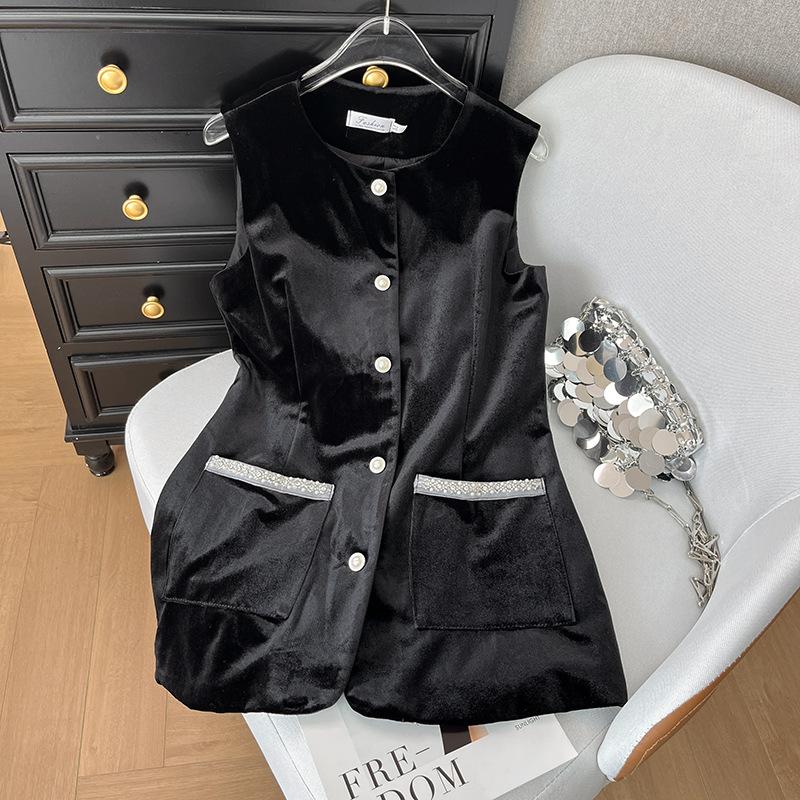 

2025 ранняя весна Сяосянфэн жилет длинный жилет без рукавов универсальный модный темпераментный высококлассный топ XXXL [Recommended 138-75kg] чёрный