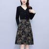 Splicing Fake Two Piece Dress Long Sleeved Women's Early Autumn New Style Light Luxury Fashion V-neck Slim A-line Dress