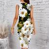Women Plus Size Crew Neck Sleeveless Midi Dress Black Base Large White Daisy Floral Print Bodycon Dress