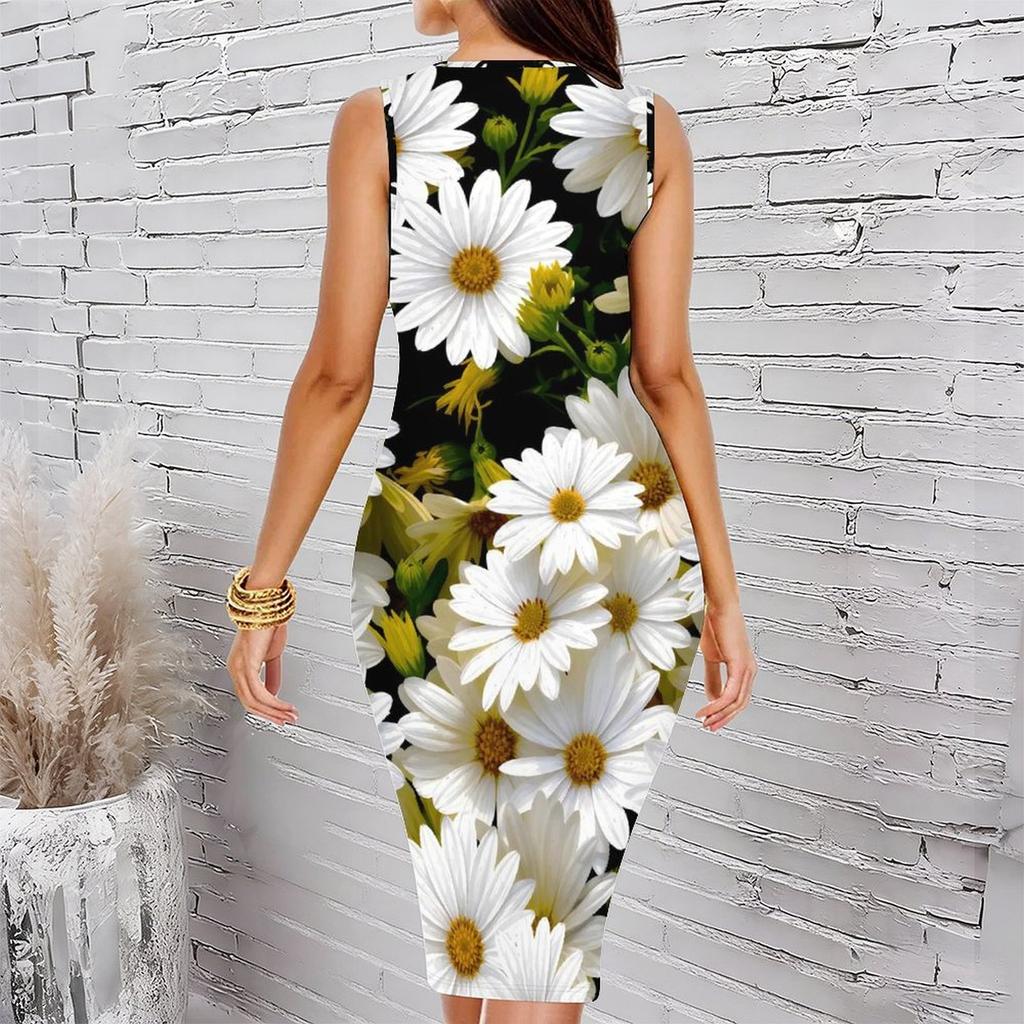 Women Plus Size Crew Neck Sleeveless Midi Dress Black Base Large White Daisy Floral Print Bodycon Dress