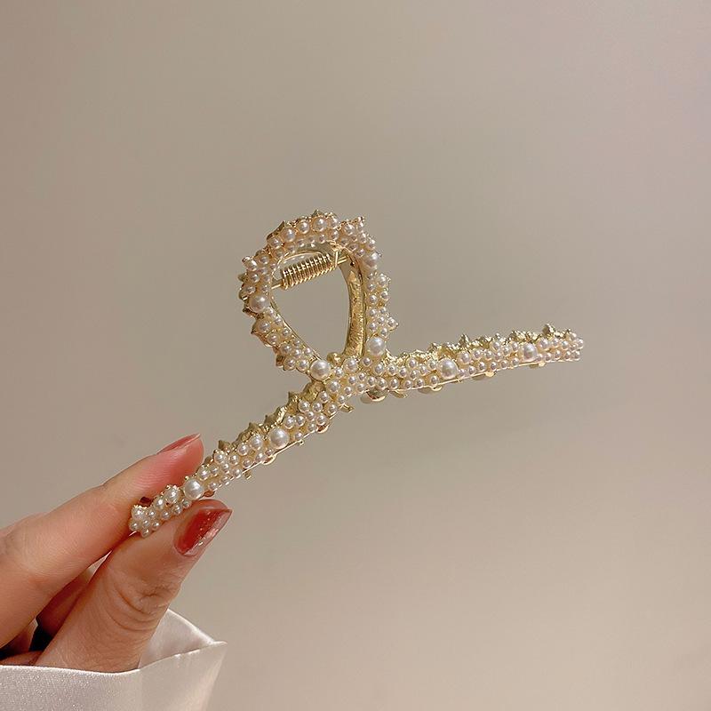 Korean-Style Pearl Metal Hair Claw Clip - Simple, Large, Elegant Shark Clip for Girls