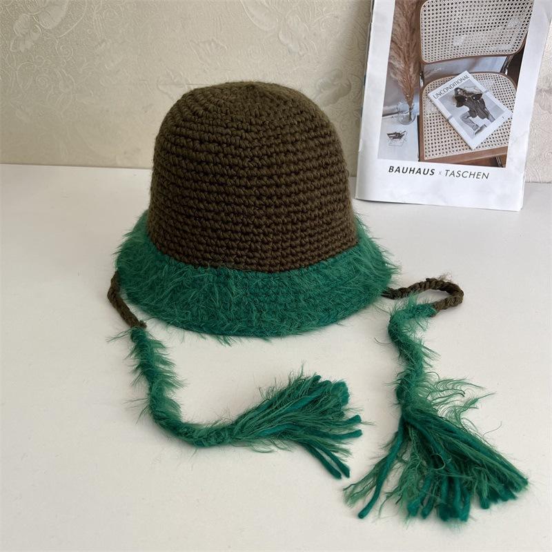 Winter women's color matching straps cute travel warm knitted hat imitation rabbit fur fashion wool hat