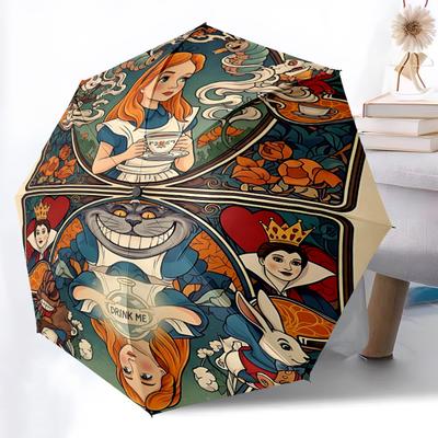 1pc Alice In Wonderland Automatic Folding Umbrella - Compact 8-Rib Design, Durable Plastic & Iron, Daily Use Z1230082
