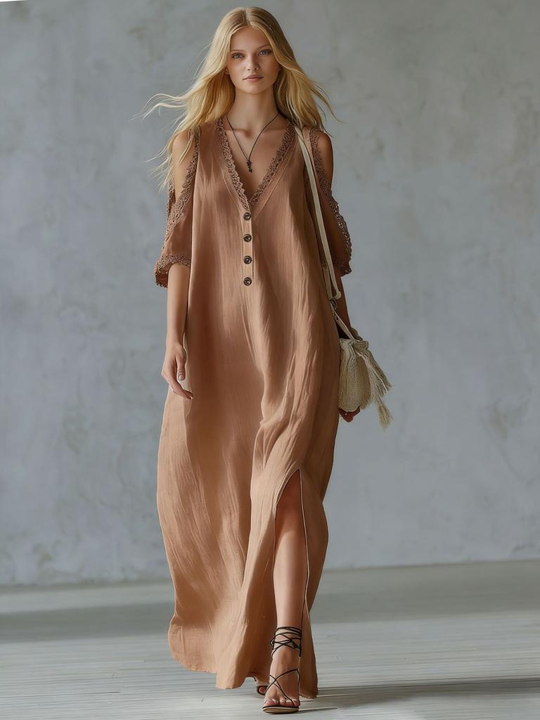 Nouvelle Robe Casual Femme à Bordure en Dentelle Épaules Dégagées Jupe Longue