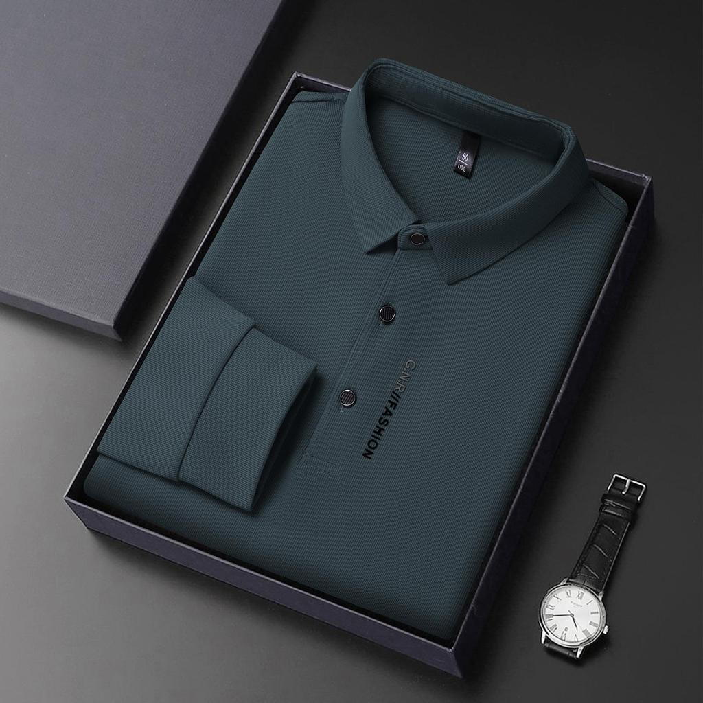 Men's Lapel POLO Shirt - Long Sleeve, Casual Business, Solid Color, Waffle Weave for Spring & Autumn