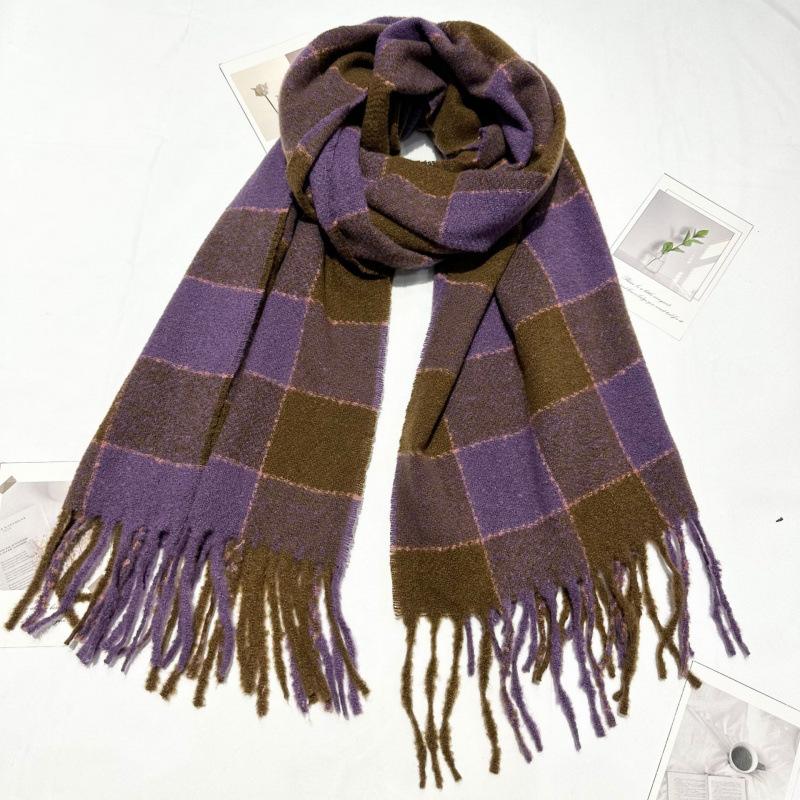 Neuer Temperament Koreanischer Stil Weiß Blau Karierter Schal Damen Winter Warm Imitation Kaschmir Quaste Schal