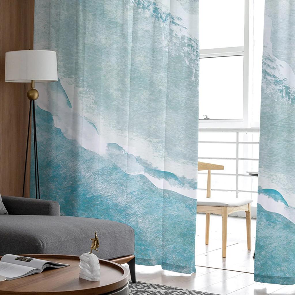 Sea Beach Gradual Blue Khaki Bedroom Transparent Sheer Curtains Holiday Decoration Window Voile Tulle Curtain