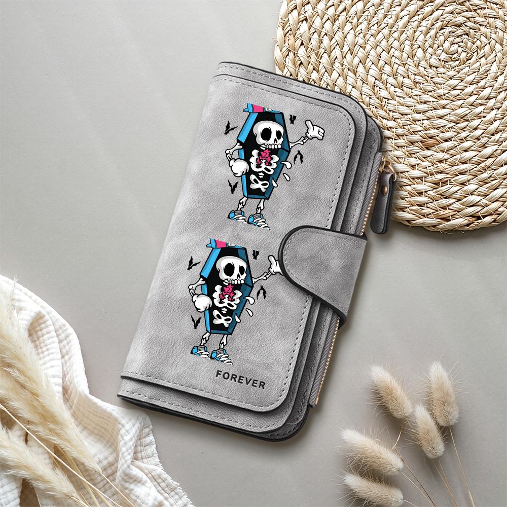 Cool Skeleton Print Women Long Wallet Fashion Portable Multi Slot Card Holder Purse