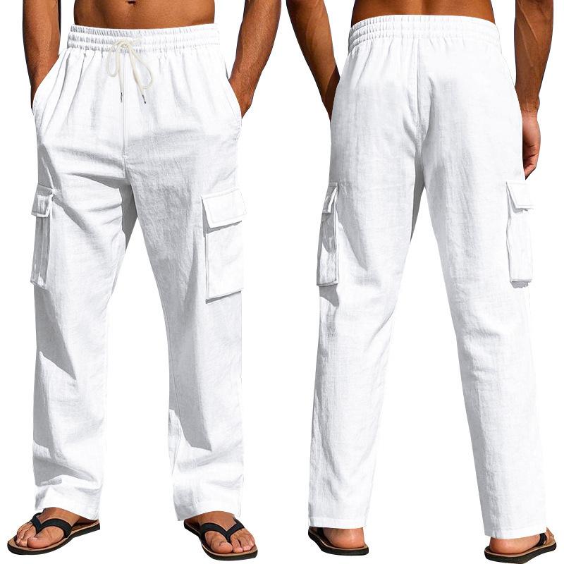 Men's new four seasons thin section breathable workwear multi-pocket loose casual trend wide-leg trousers