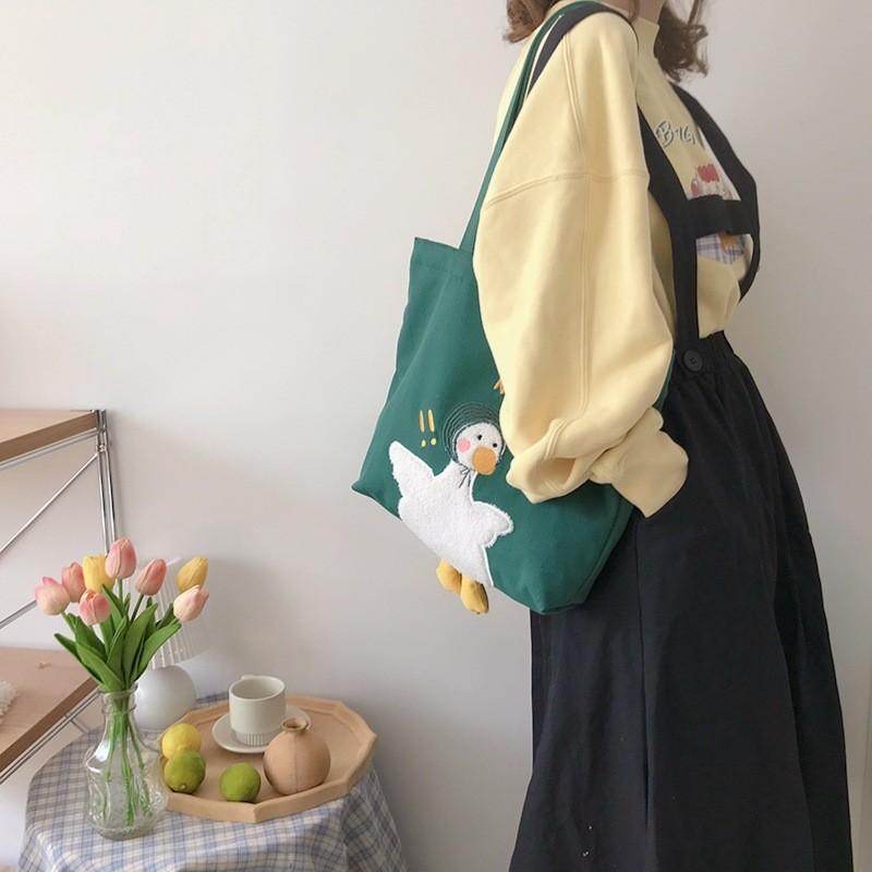 Adorable Duck Pattern Canvas Carryall With Inner Zipper Pocket For Commuting