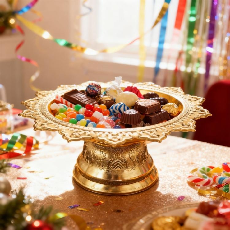 Elegant Fruit Display Plate Alloy Construction Ornamental Pattern Tall for Decoration Religious Use Celebratory instances