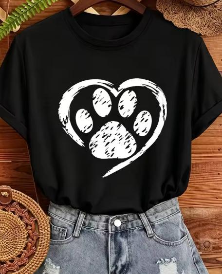 Women Pet Lover Graphic T Shirt Brushed Texture Heart With Paw Print Round Neck Short Sleeve Soft Casual Dog Mom Everyday Tee