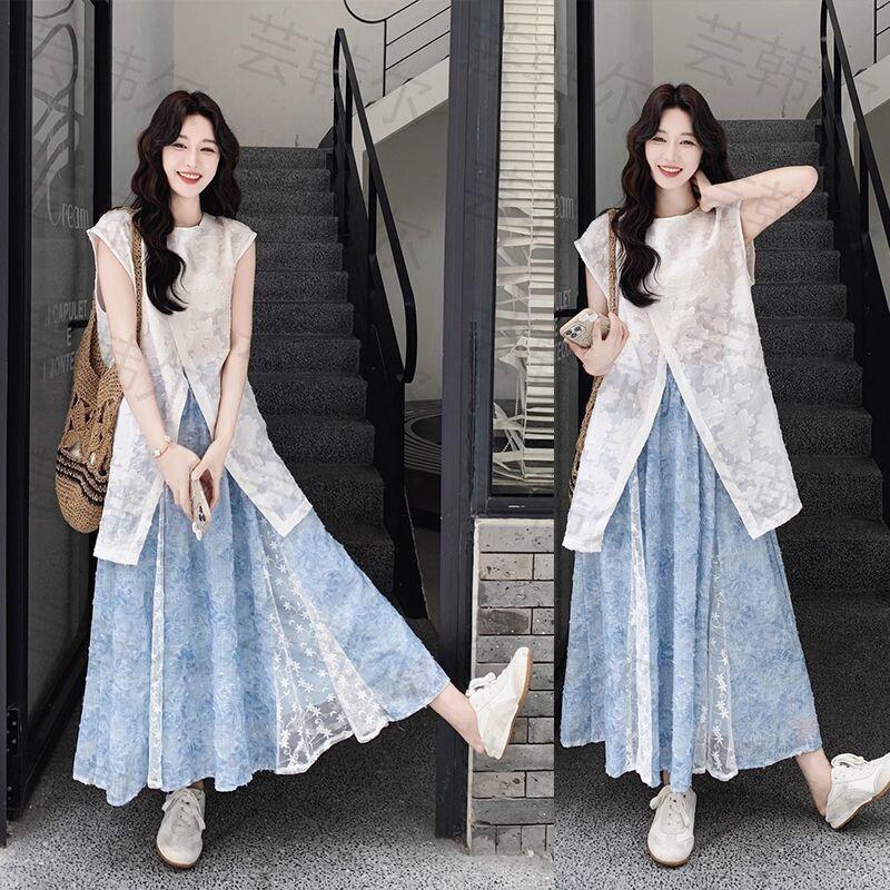 Elegant Lace Splicing Sleeveless Top and Skirt Set for Women - Summer 2026 Collection