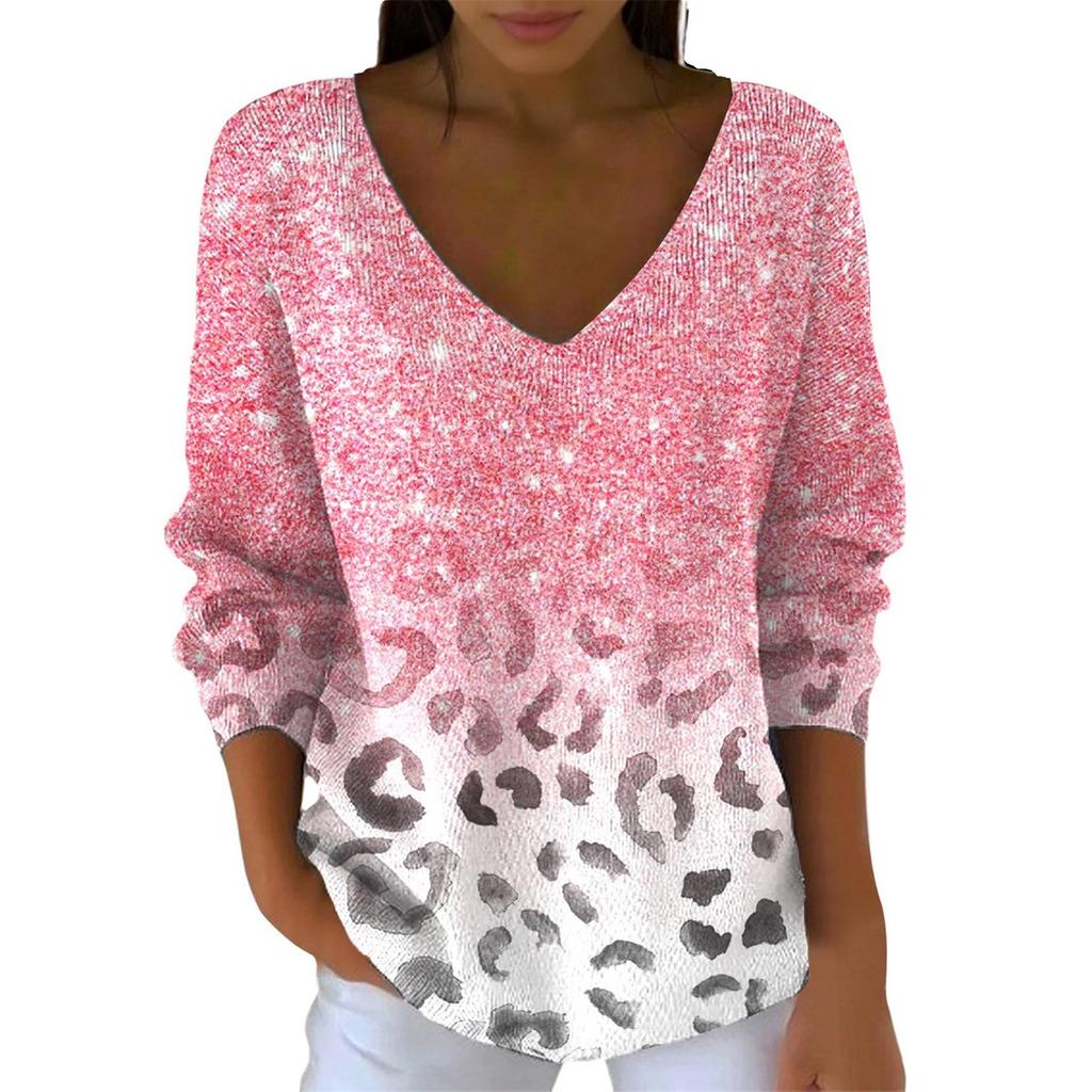 Women's Casual Daily Long-Sleeved V-Neck Faux Sweater Knitted Pullover Top With Sequins