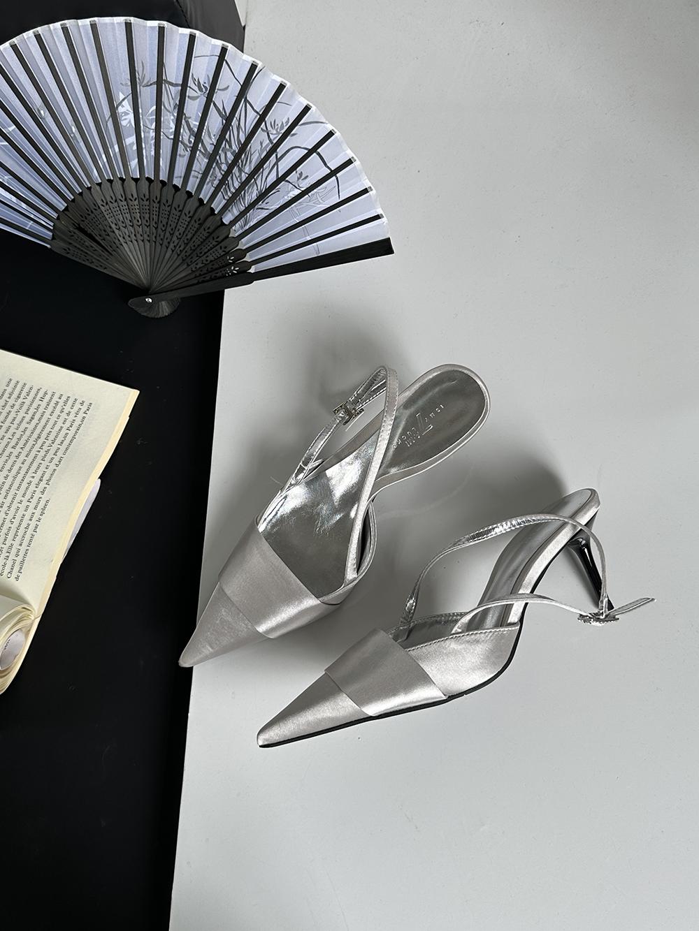 

модные женские сандалии с острым носком, шелковые летние туфли, гладиаторские туфли на высоком каблуке, серебристые, черные, розовые, сексуальные мюли с ремешком сзади 7.5 серебряный