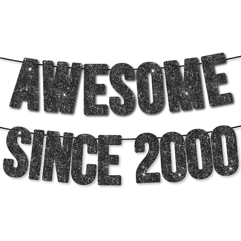 Pre-Strung Awesome Since 2000 Banner for 25th Birthday Party Decoration,Happy 25th Men Women Birthday Party Banner,Handmade - Black