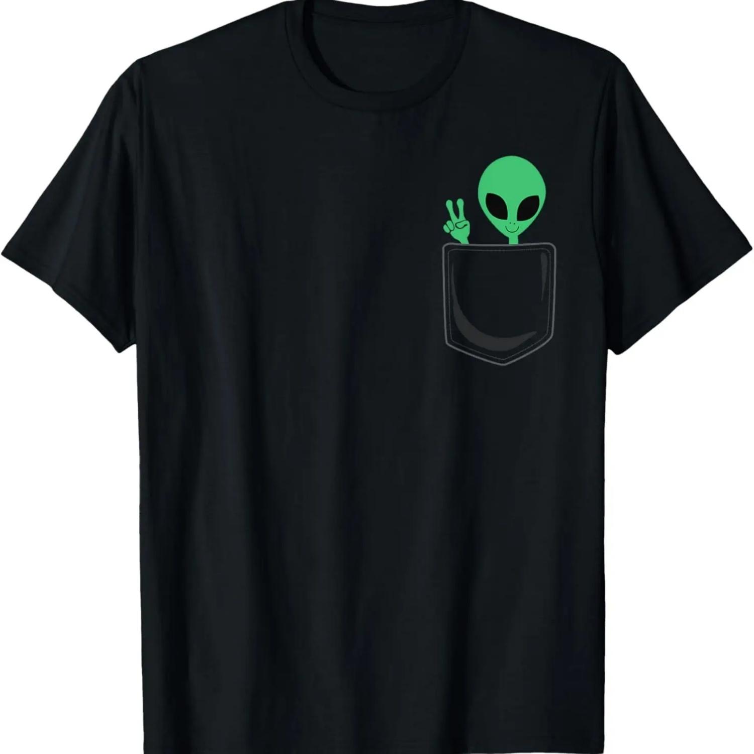 Cute Little Alien In Pocket Peace Sign Universe UFO T-Shirt S чёрный