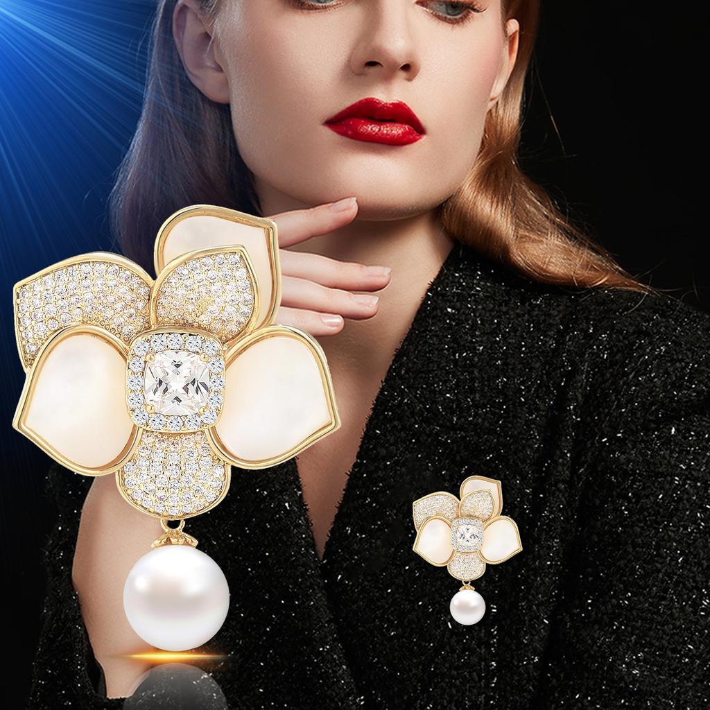 New Korean Version Of Heavy Industry Natural Fritillary Camellia Brooch High-End Luxury Copper Micro-Inlaid Flower Pearl Corsage Accessories