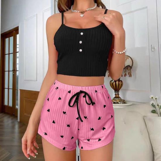 Women's Cami Pajama Set Summer Sleeveless Crop Top And Heart Print Shorts Sleepewear 2 Piece Ribbed Knit Pjs Lounge Set