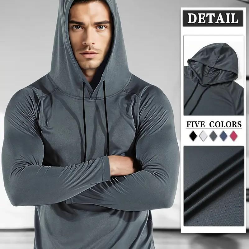 Men's Long Sleeve Hooded Fitness Pullover Moisture Wicking Quick Dry Athletic Gym Training Top, Red