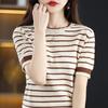 Summer Women Vintage Striped T-Shirt All-match Hollow Out Fashion Short Sleeve Top O-Neck Loose Casual Knitted Pullover Tops