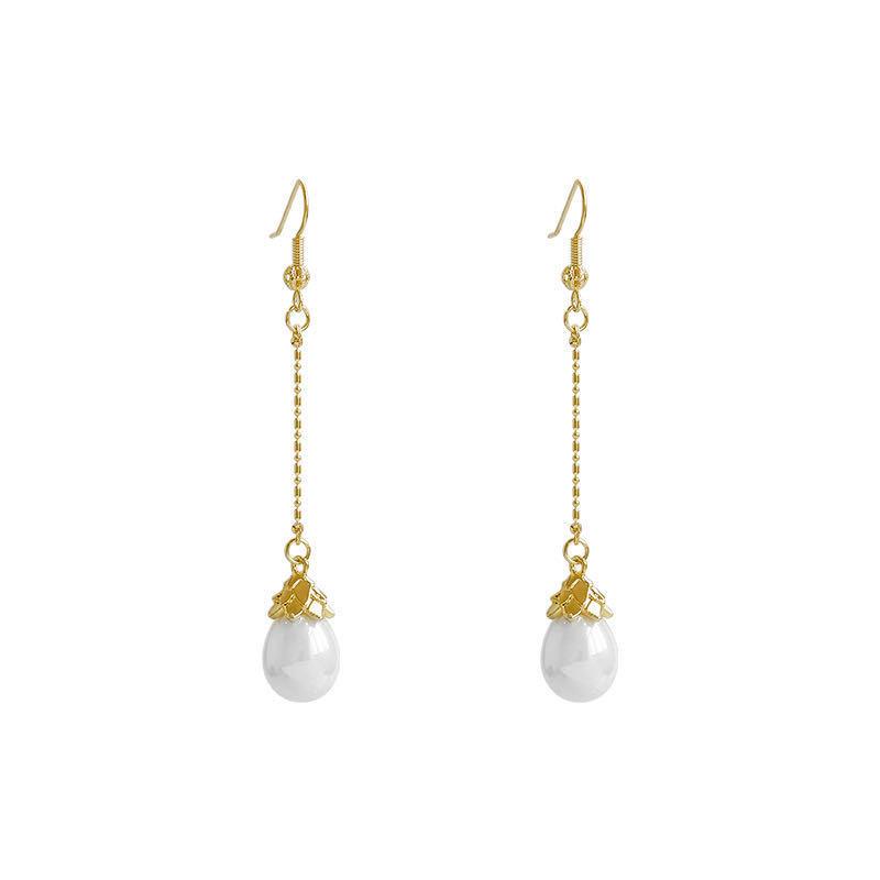 Silver Petal Water Drop Pearl Earrings Temperament Retro Court Style Long Petal Water Drop Pearl Earrings