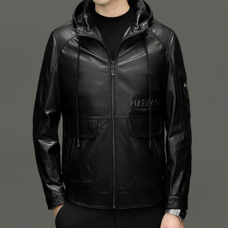 Autumn and winter new men's cowhide leather jacket fashion casual top hooded leather jacket trendy