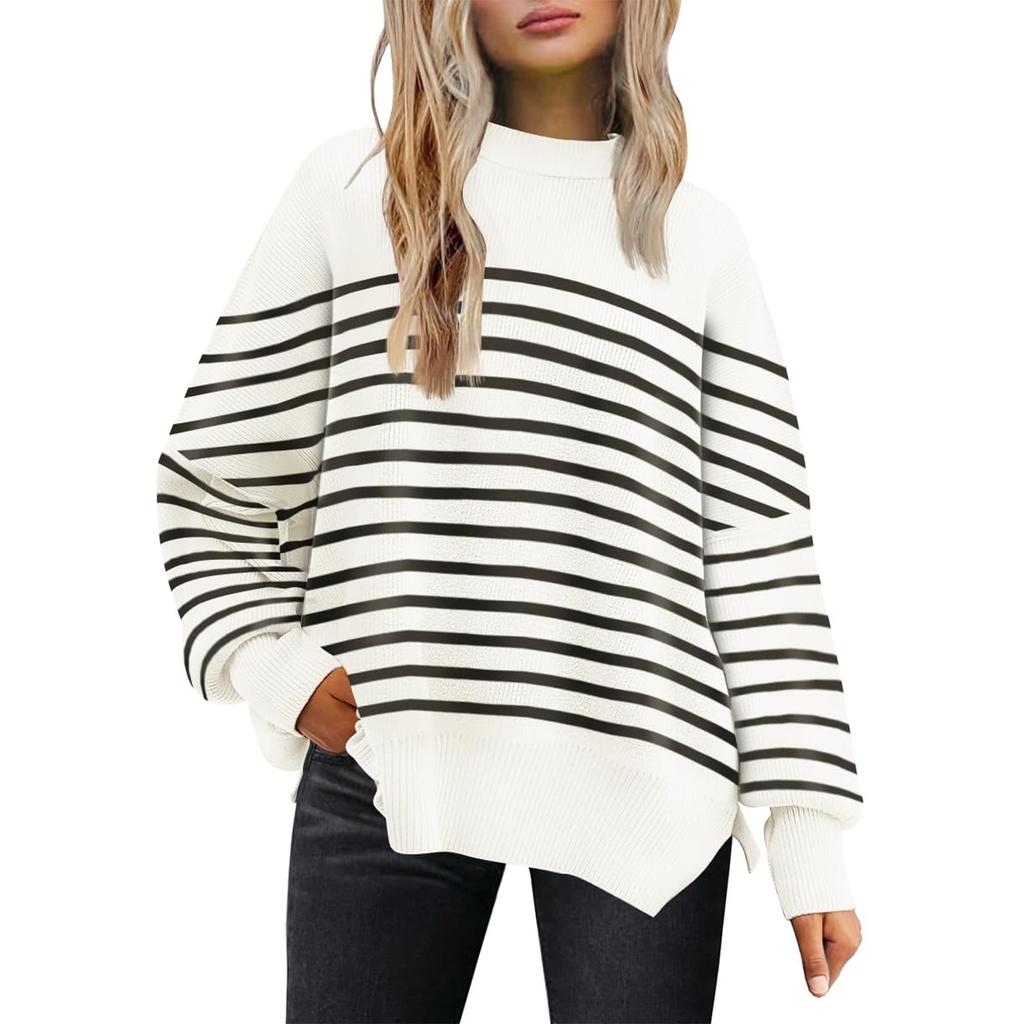 Women's Fashion Round Neck Long Sleeve Sweater Knitted Side Slit Pullover