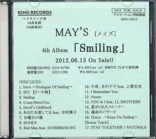 

CD MAYS Smiling DRH24015 KING 2012 Japan Japanese Club Dance Used