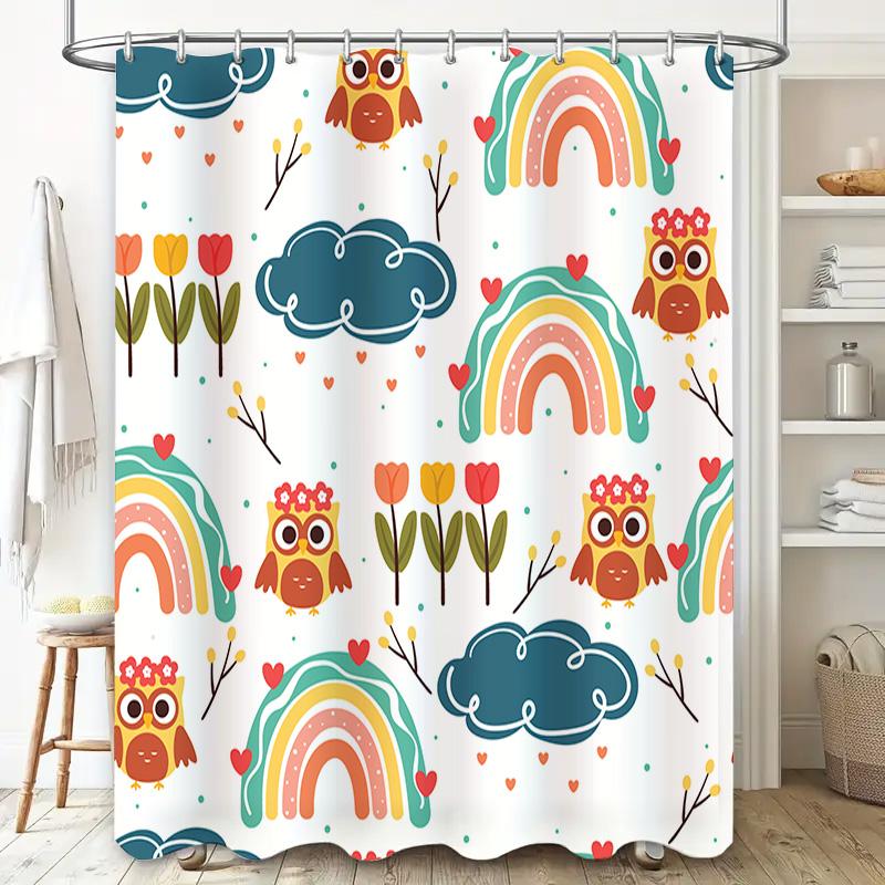 Creative Owl Pattern Shower Curtain Rainbows Clouds Bathroom Decor Waterproof Fabric Home Decoration Modern Washcloth White Size