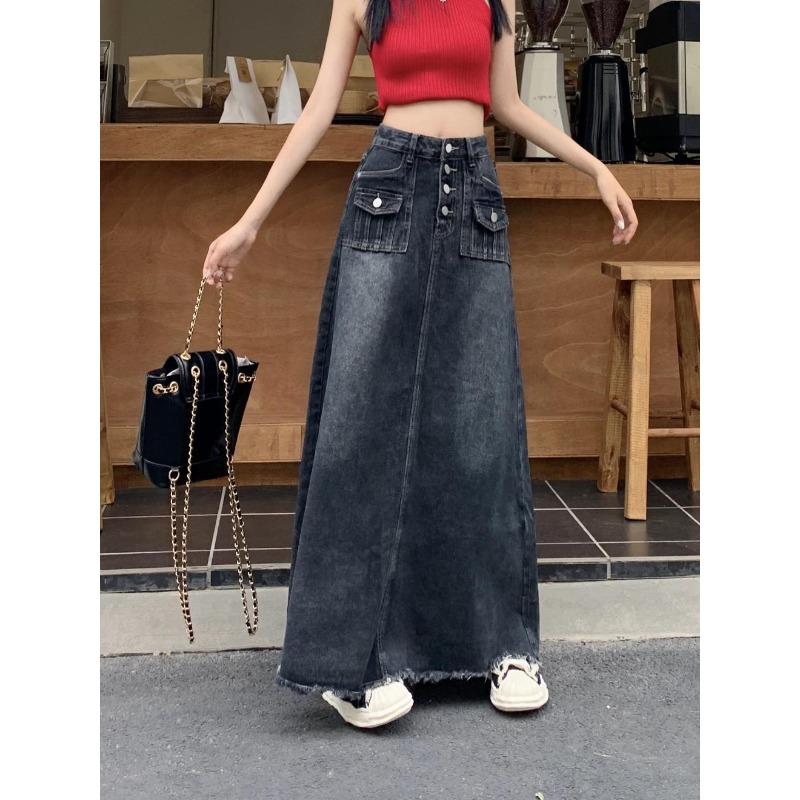 Podzimní a zimní dámská džínová sukně plus size sub medium dlouhá sukně s přezkou a surovým okrajem áčkového střihu