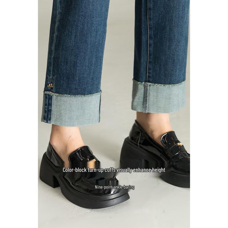 MengShuYa Petite Retro Blue Cuffed Straight Ankle Jeans