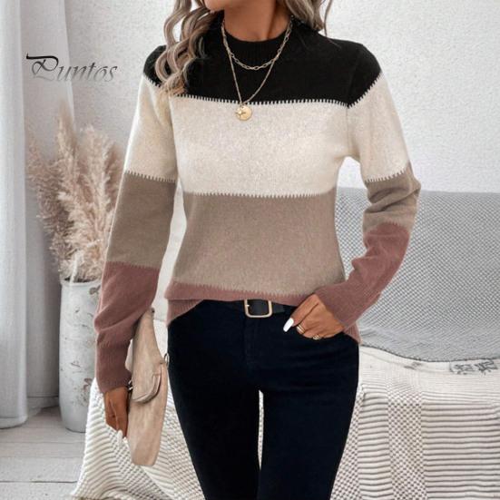 Crew Neck Women Sweater Knitting Tops Round Long Sleeve Color Blocked Knitted Tummy Cover Pullover Loose Hem H-Shaped Warm Casual Daily Wear H-shaped