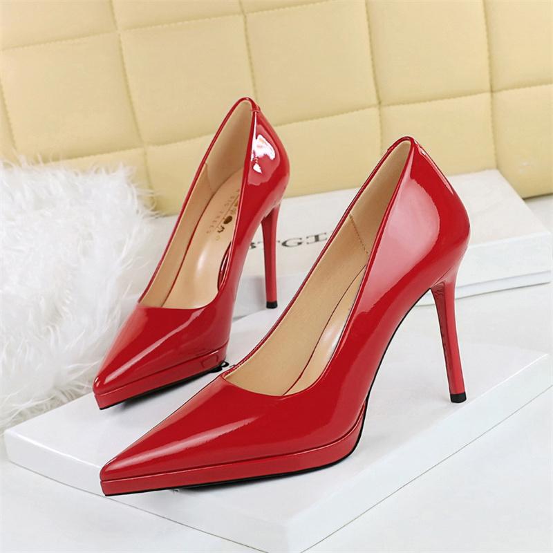 High Heels Fashion Banquet Thin Heel Patent Leather Shallow Mouth Pointed Toe Ultra High Heel Waterproof Platform Single Shoes