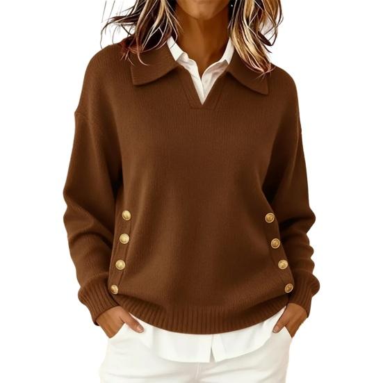 Női pulóver galléros hosszú ujjú laza fazon egyszínű kötött felsők gombokkal zsebekkel őszi téli pulóver felsők