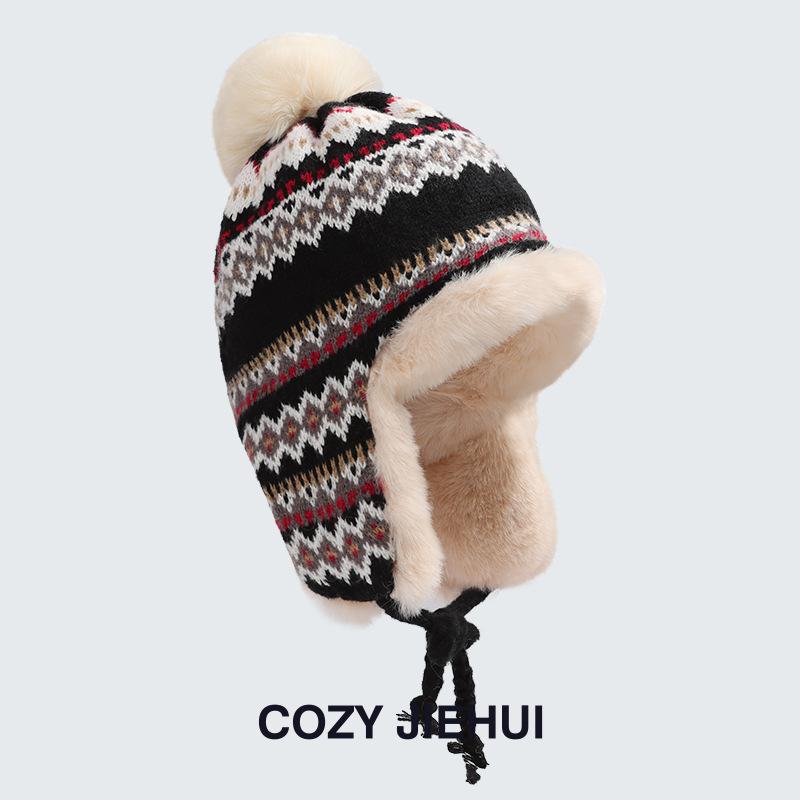 Fair Island Wind Knitted Hat Thickened Northeast Windproof and Cold-proof Thunder Front Hat Winter Thickened Warm Ear Protection Jacquard Hat